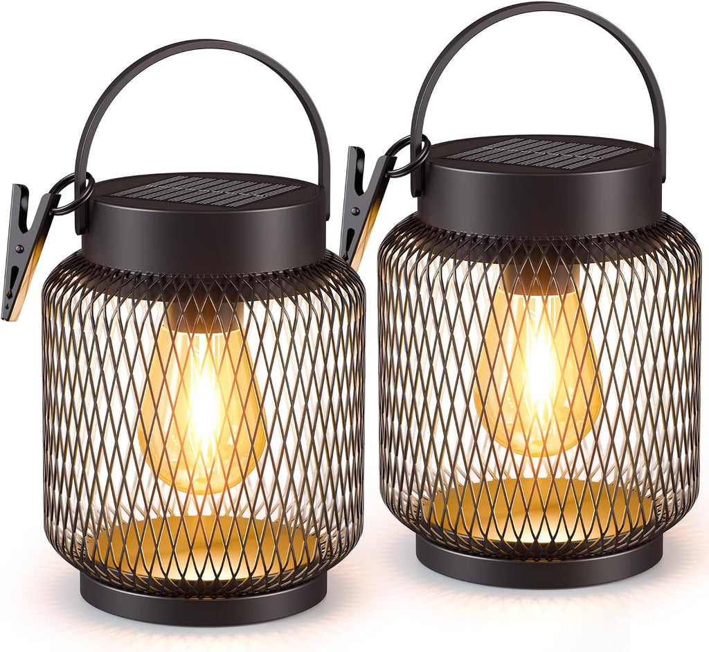 Hanging Solar Lanterns Outdoor Waterproof: 2 Pack Metal Accent Lights | IP65 Waterproof, Auto On/Off, Long-lasting 12-15hrs, Hang Or Clip For Patio Table, Warm Ambiance, No Wiring, 800mah Battery