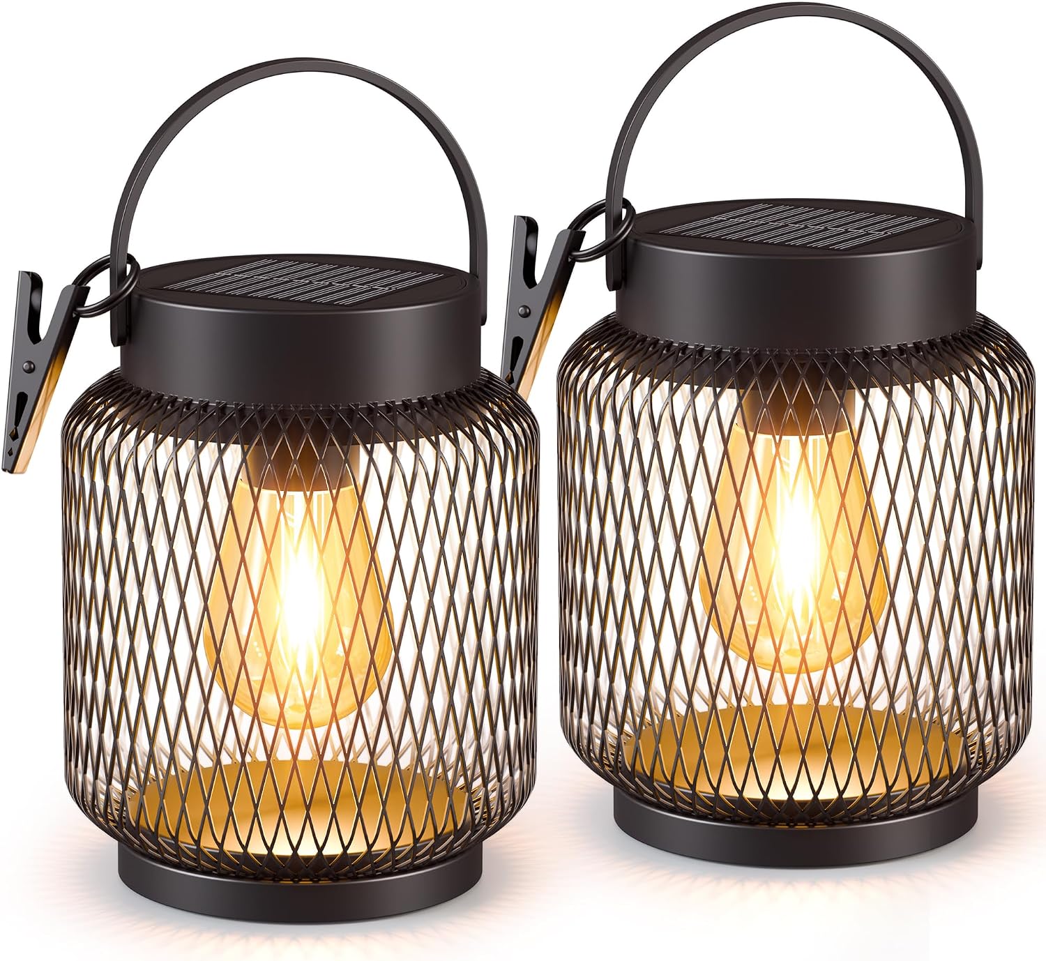 Hanging Solar Lanterns Outdoor Waterproof: 2 Pack Metal Accent Lights | IP65 Waterproof, Auto On/Off, Long-lasting 12-15hrs, Hang Or Clip For Patio Table, Warm Ambiance, No Wiring, 800mah Battery