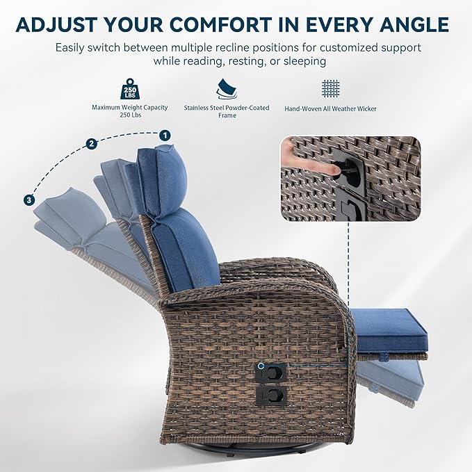 Zero Gravity Patio Swivel Rocking Recliner Chairs Set of 2 - Wicker Outdoor Lounge Chair with Adjustable Backrest & Footrest, All Weather Reclining Rocker Chairs with Thick Cushion for Pool Deck Blue