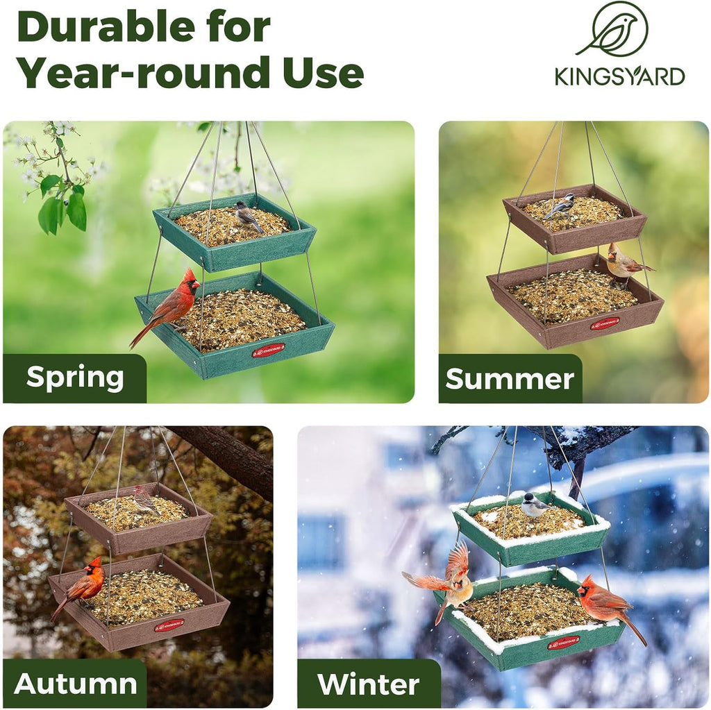 Kingsyard 2 Tier Large Platform Bird Feeder for Outdoors Hanging | Large Recycled Poly Lumber Tray, 5 Lbs Capacity, Garden Decoration Attracts Cardinal Bluebird Goldfinch, Green
