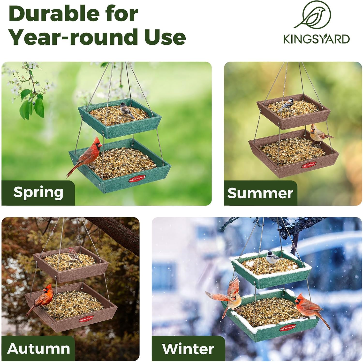 Kingsyard 2 Tier Large Platform Bird Feeder for Outdoors Hanging | Large Recycled Poly Lumber Tray, 5 Lbs Capacity, Garden Decoration Attracts Cardinal Bluebird Goldfinch, Green