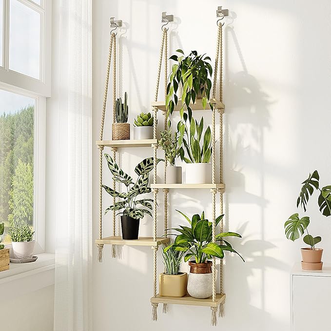 Bamworld Hanging Shelves Plant Hanger Indoor Window Plant Shelves Wood Plant Wall Shelf Window Sill Plant Shelf Indoor Hanging Plant Stand Living Room Decor Garden Boho Decor