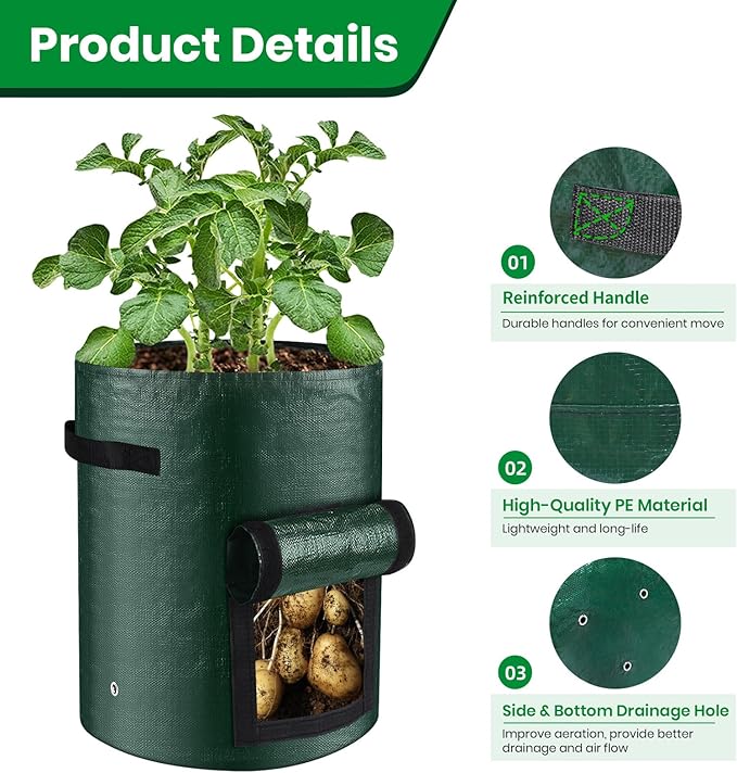6 Pack Potato Grow Bags, 10 Gallon Planting Bags Durable PE Vegetable Planter with Flap and Handles Large Garden Pot Tall Potato Growing Containers for Vegetables, Fruits and More