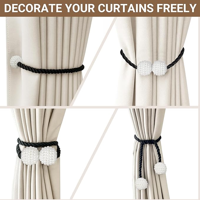 Hion Magnetic Curtain Tiebacks Black 6 Pack, Curtain Tiebacks Buckles Holdbacks Holders Hooks Clip for Home Bedroom Office Decorative Thick or Thin Curtain
