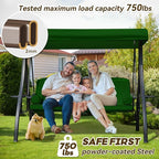 3 in 1 Outdoor Porch Swing with Adjustable Canopy, 3 Seat Outdoor Swing for Adults, Patio Swing Chair with Thickened Cushions,Pillows & Cup Holders for Backyard, Porch, Garden (Green)