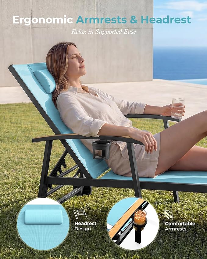 Ciokea Outdoor Lounge Chair with Pillow Set of 4, 5-Position Chaise Lounge with Wheels & Armrests, 400 lbs Heavy Duty Aluminum Pool Lounge Chairs, for Beach, Deck, Poolside & Backyard, Lake Blue