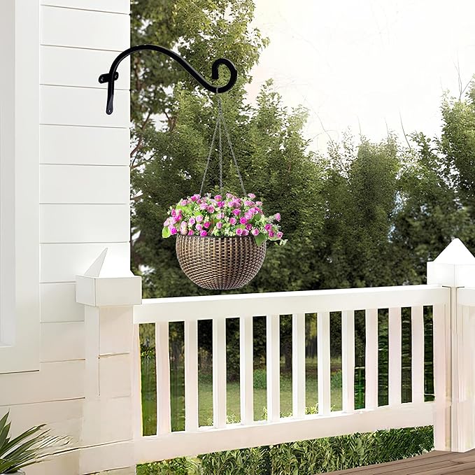 Hourleey 4 Pack Plant Hanger Outdoor, 8 Inch Heavy-Duty Hanging Plant Hook for Outside Basket, Black Metal Wall Mount Plant Bracket Hook for Flower Baskets Bird Feeder