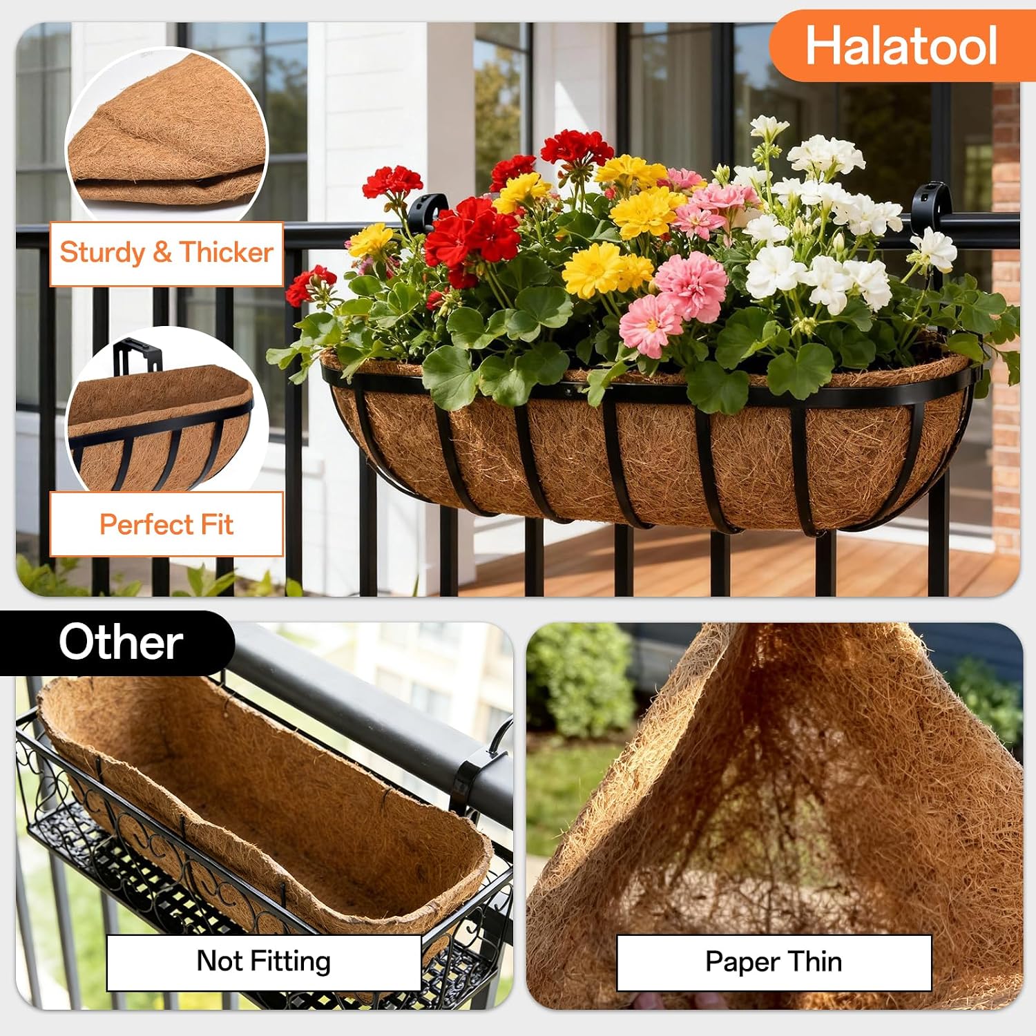 Halatool 30" Coco Liners for Planters, 3Pcs Coconut Liners for Window Boxes | 100% Natural Coconut Fiber, Replacement Liner for Wall & Railing Planters, Fence & Balcony, Breathable & Eco-Friendly