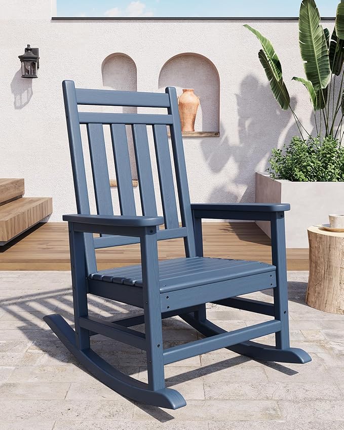 GarveeLife Poly Lumber Rocking Chair Outdoor Set of 6 - HDPE High Back Porch Rocker Chairs for Adults - All Weather Resistant Furniture for Patio - Navy Blue