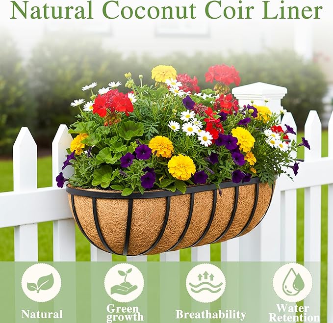24 Inch Railing Planter Window Box Deck Balcony Rail Planter with Coco Liner Metal Wall-Mounted Coconut Liner Planter Basket English Horse Trough Planters for Outdoor Balcony Porch Fence (2 Pack)
