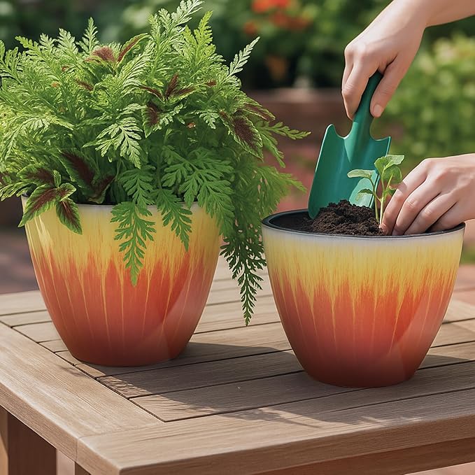 8 inch Plant Pots Pack of 2, Plastic Flower Pots Flower Pots, Modern Glossy Finishing Planter for Indoor Outdoor Plants (Orange Glaze)