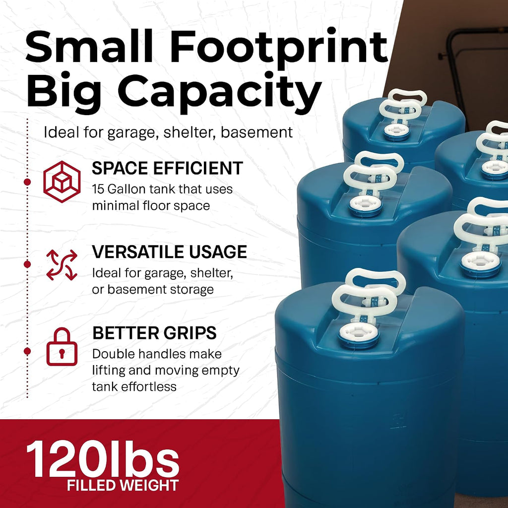 Legacy Food Storage Emergency Water Storage Container, 15 Gallon Long-Term Water Tank, BPA-Free Food Grade Plastic, Light-Blocking Design, 2 Carry Handles, Siphon Hose Included (15.7" D x 21.5" H)