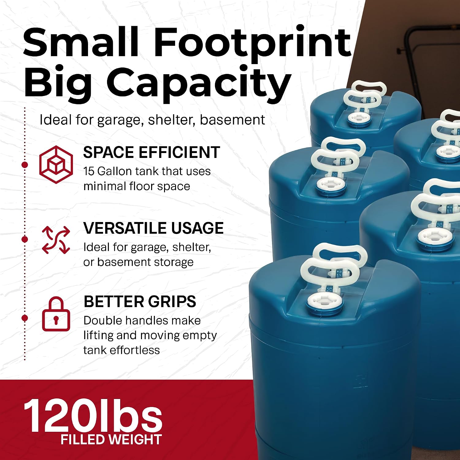 Legacy Food Storage Emergency Water Storage Container, 15 Gallon Long-Term Water Tank, BPA-Free Food Grade Plastic, Light-Blocking Design, 2 Carry Handles, Siphon Hose Included (15.7" D x 21.5" H)