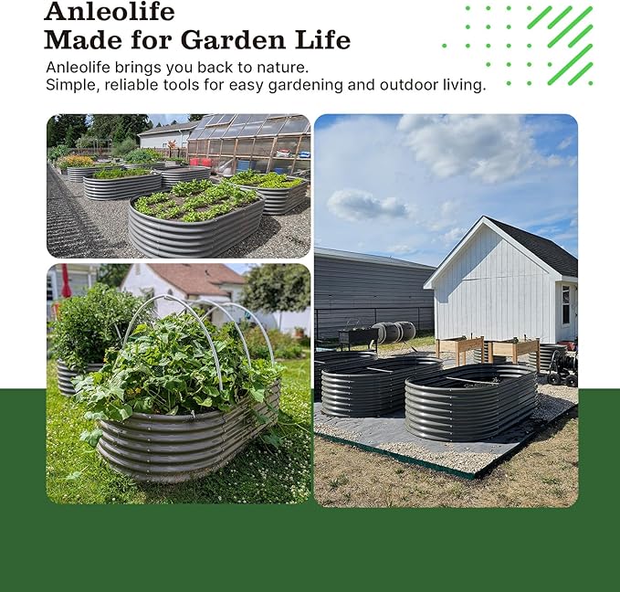 A ANLEOLIFE 8x4x2ft Galvanized Raised Garden Bed Kit, Oval Metal Deep Root Planters for Outdoor Plants Vegetables Flowers Herb, Large Bottomless, 478 Gallon Capacity- Quartz Grey