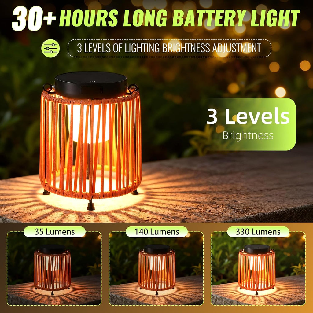 Outdoor Solar Lantern for Patio Waterproof, Rechargeable Table Lamp | Handwoven Wicker Lamp, IP54, 3000mAh, 30+ Hour Runtime, USB-C & Solar Charging for Patio or Indoor, Boho Orange