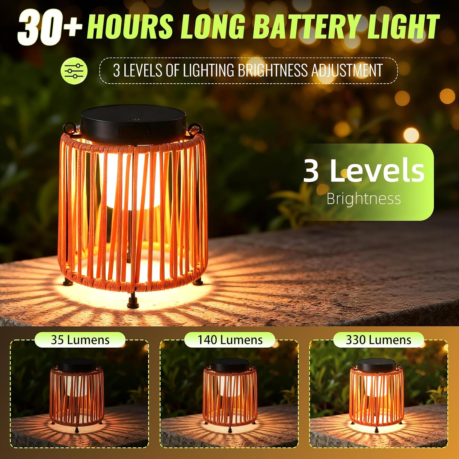 Outdoor Solar Lantern for Patio Waterproof, Rechargeable Table Lamp | Handwoven Wicker Lamp, IP54, 3000mAh, 30+ Hour Runtime, USB-C & Solar Charging for Patio or Indoor, Boho Orange