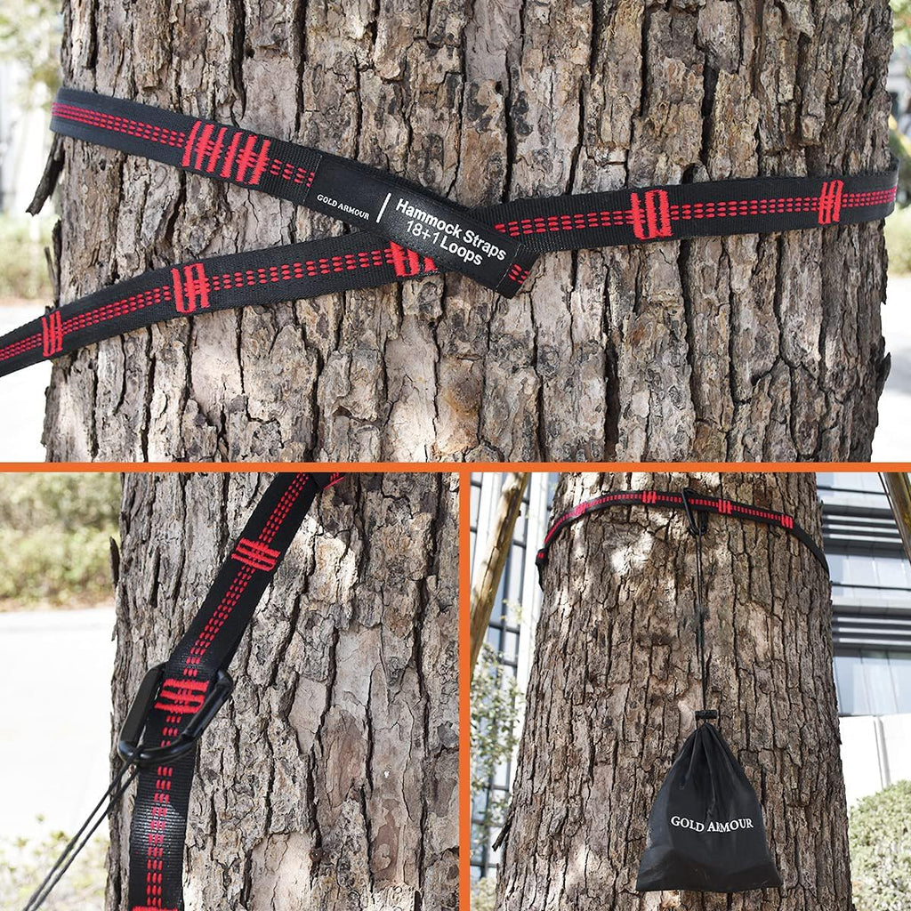 Gold Armour Hammock Straps XL Combined 20 Ft Long, 36 Loops with 2 Carabiners - Must Have Camping Hammock Accessories & Gear to Hang Camping Hammocks (Black with Red Stitching)