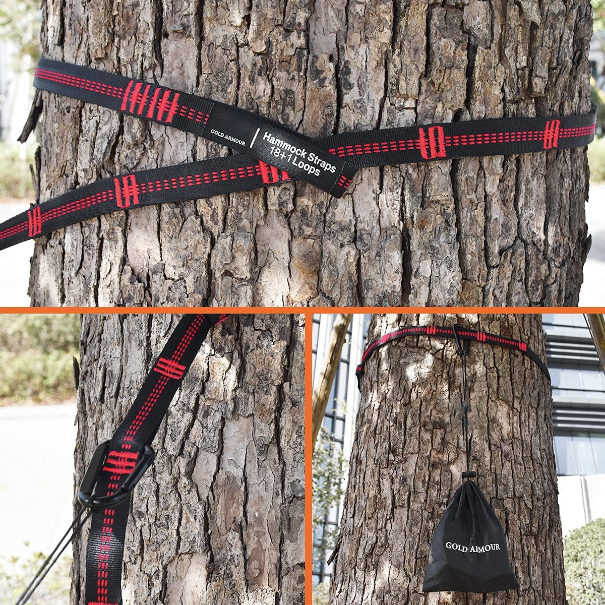 Gold Armour Hammock Straps XL Combined 20 Ft Long, 36 Loops with 2 Carabiners - Must Have Camping Hammock Accessories & Gear to Hang Camping Hammocks (Black with Red Stitching)