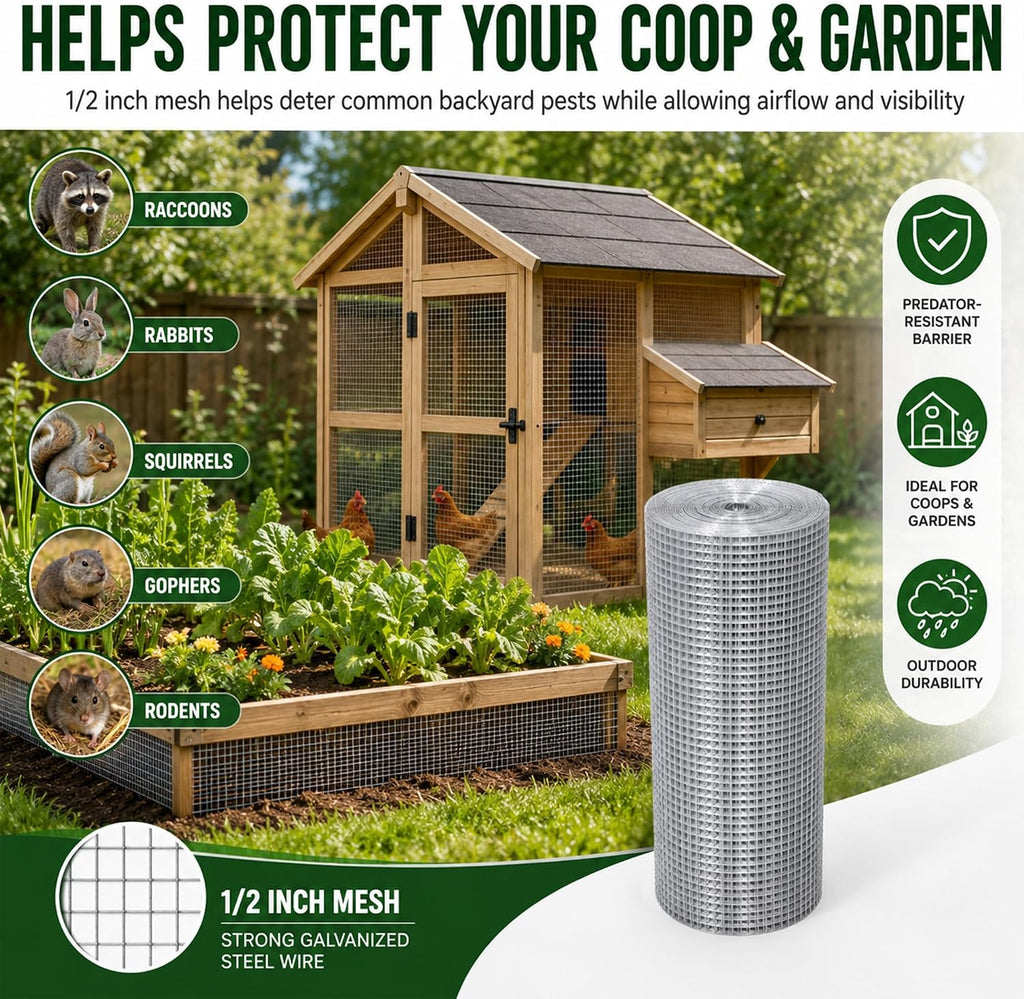 Hardware Cloth 1/2in 24inx50ft Hot Dip Galvanized 19 Gauge Chicken Wire | Fencing Roll Poultry Animal Netting Cage Screen Chicken Coop Accessories Garden Plant Supports
