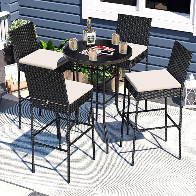 HAPPYGRILL Wicker Patio Barstools Set of 4, Outdoor Rattan Bar Chairs with Footrest & Backrest, Armless High Top Chairs with Seat Cushions for Backyard, Balcony