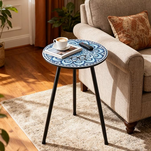 2 Packs Metal Mosaic Round Side Tables 13.4" Small Outdoor Patio Round Accent Coffee Tables Indoor Corner Stand for Small Spaces Weather-Resistant for Balcony, Porch Plant Stands Indoor, Blue Mosaic
