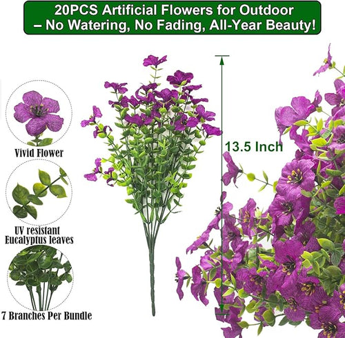 20 Bundles Artificial Flowers for Outdoors, UV Resistant Fake Plants Flowers Greenery Shrubs Plants for Decoration Outside Plants Hanging Planter Home Garden Decor (Purple)