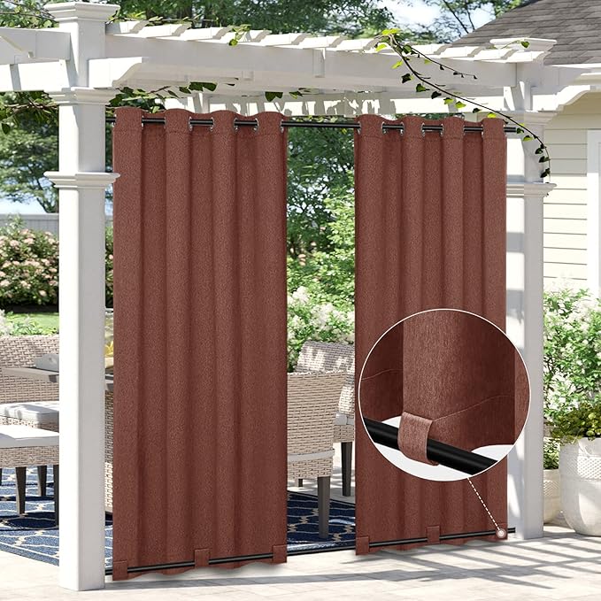 Easy-Going Linen Look Outdoor Curtains Waterproof Windproof Porch Curtains, Soft Thicken Outdoor Privacy Curtains for Patio, Gazebo, Grommet Top and Tab Bottom Drape, 1 Panel, 110x84 inch, Terra Red
