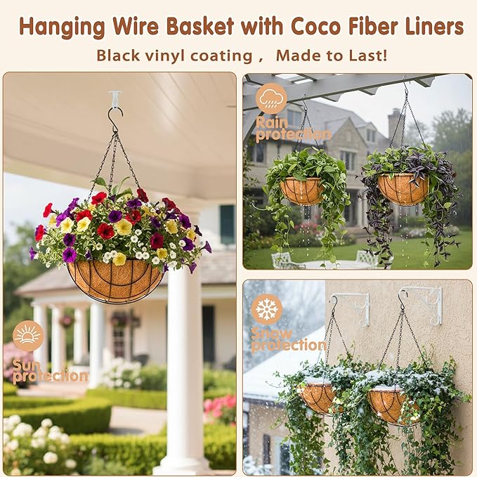 12 inch Metal Hanging Baskets for Plants Outdoor 4 Pack Round Metal Wire Hanging Basket Planter with Coco Fiber Liners Chain Round Wire Plant Holder for Garden, Patio, Deck, Outdoor(Grid)