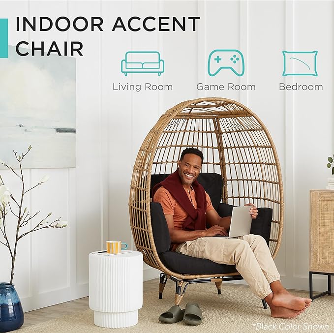 Best Choice Products Wicker Egg Chair, Oversized Indoor Outdoor Lounger for Patio, Backyard, Living Room w/ 4 Cushions, Steel Frame, 440lb Capacity - Ivory