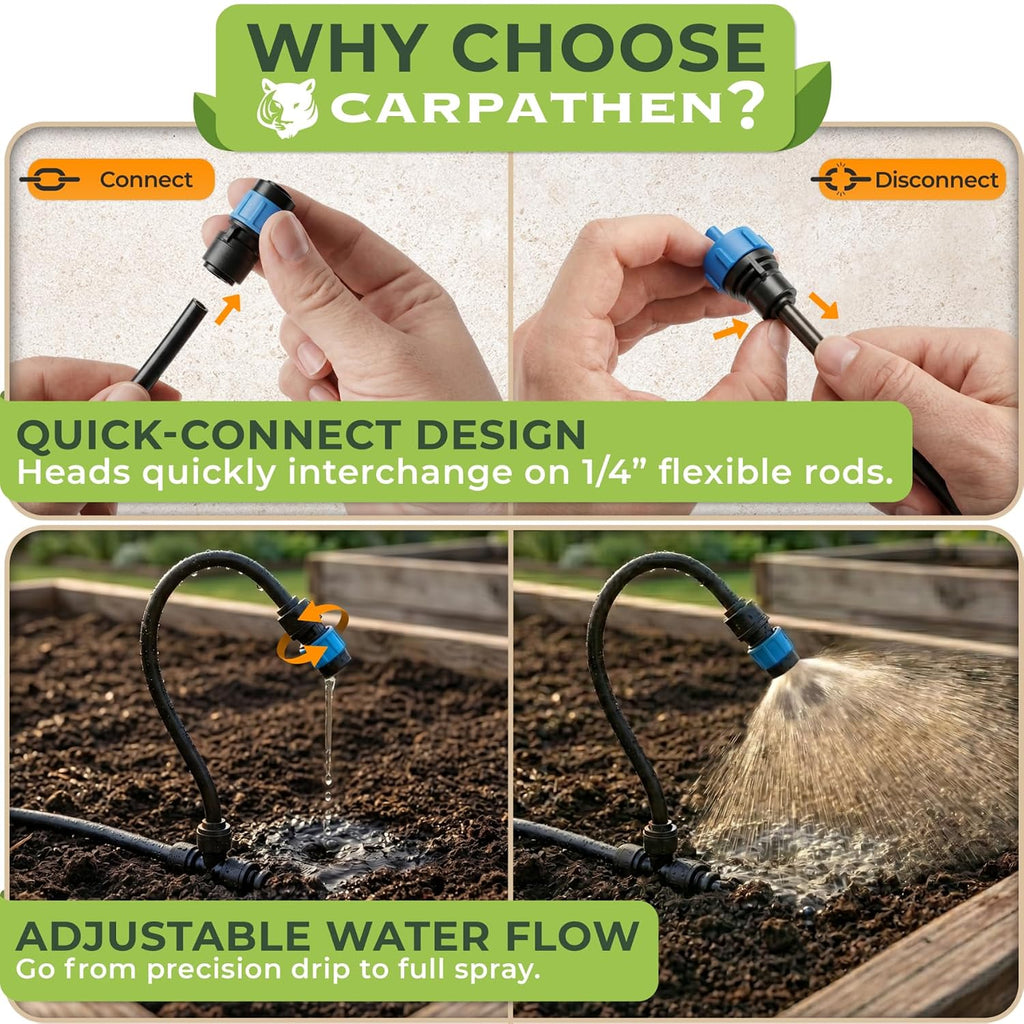 Drip Irrigation System Kit with Atomizing Copper Nozzles, 50 feet | For Raised Beds, Potted Plants or Greenhouse with 16pcs 360° Adjustable Watering Spray Nozzles