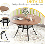 VICLLAX 47.2" Round Patio Table for 6, All Weather Metal Outdoor Dining Table with Adjustable Umbrella Hole, Walnut Wood-Like Tabletop