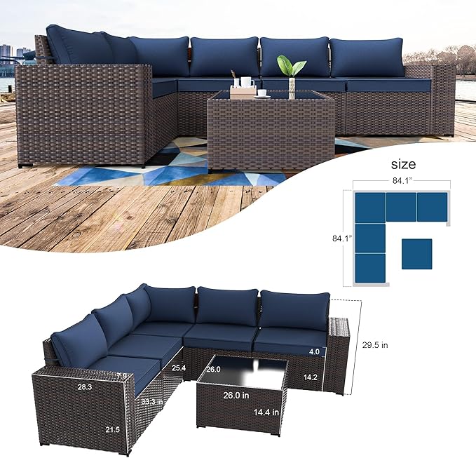 Kullavik 6PCS Outdoor Patio Furniture Set PE Wicker Rattan Sectional Sofa Patio Conversation Sets,Navy Blue