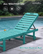 SERWALL Patio Chaise Lounge Chair, HDPE Outdoor Lounge Chair with Cup Holder, 5 Positions Adjustable Poly Lounger with Rolling Wheels for Poolside, Deck, Sunbathing, Aruba