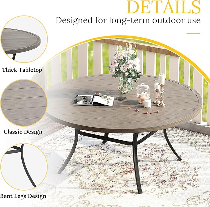 VICLLAX 60" Outdoor Round Patio Table for Lawn Garden, All Weather Metal Round Patio Dining Table with Adjustable Umbrella Hole, Outdoor Table for 8-10 Person, Grey Wood-Like Tabletop