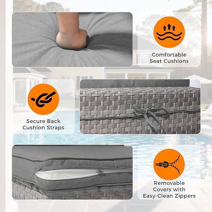 10-Seat Outdoor Wicker Patio Furniture Set with Fire Pit Table, Modular Rattan Sectional Sofa & 2 Swivel Rocking Chairs, 4" Thick Cushions, Rust-Resistant Frame,Gray