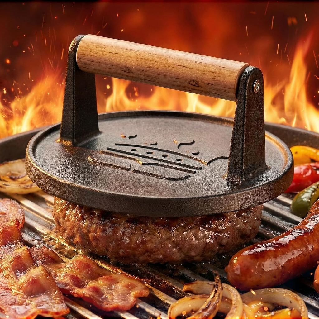 Smash Burger Press 6.5",Cast Iron Flat Round Burger Smasher, Gift | 2lb Heavy-Duty Grill Bacon Meat Press with Wood Handle,Nonstick hamburger Smasher for griddle accessories,BBQs and Tailgates