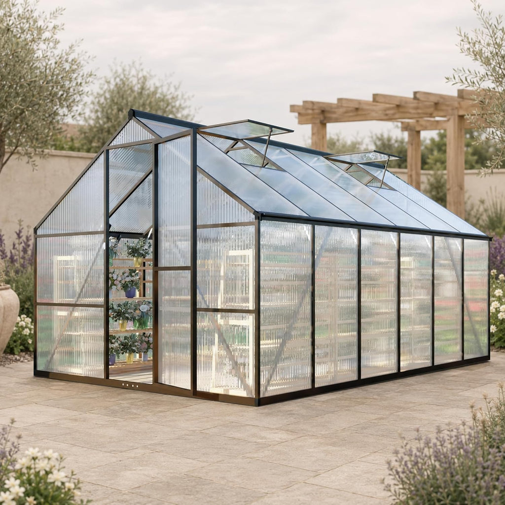 8x12ft greenhouse kit with roof vent, dark gray, main product view