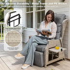 Outdoor Recliner with Adjustable Back and Footrest, Patio 150° Lay Flat Recliner with Flip Table Wicker Reclining Lounge Chair, Grey with Beige Wicker