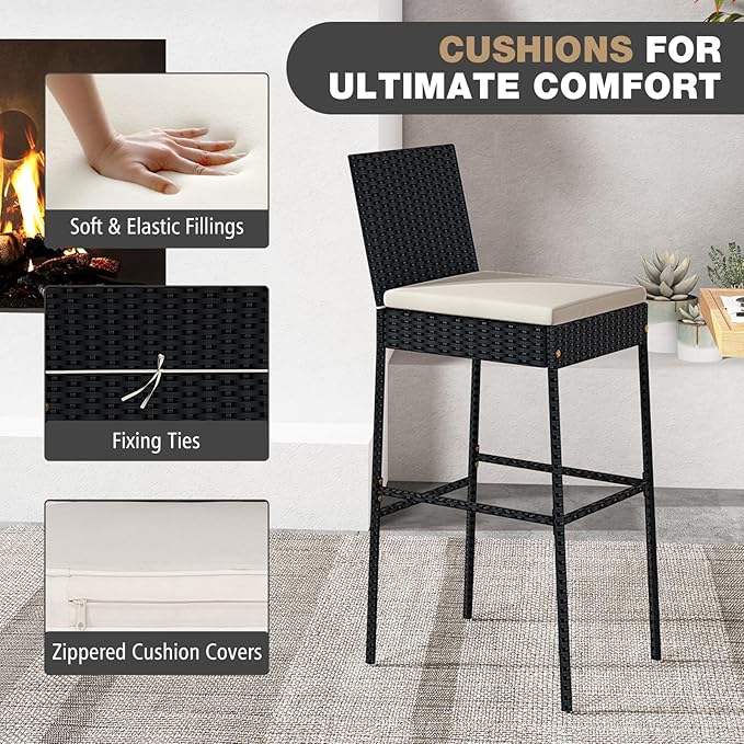 HAPPYGRILL Wicker Patio Barstools Set of 4, Outdoor Rattan Bar Chairs with Footrest & Backrest, Armless High Top Chairs with Seat Cushions for Backyard, Balcony