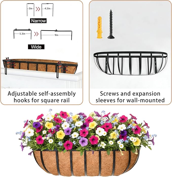 24'' Window Box Railing Planter with Coco Liner,4 Pack Horse Trough Planters Black Metal Hanging Flower Planters Basket for Porch Fence Patio Indoor Outdoor Lawn