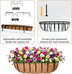 30'' Window Box Railing Planter with Coco Liner,4 Pack Horse Trough Planters Black Metal Hanging Flower Planters Basket for Porch Fence Patio Indoor Outdoor Lawn
