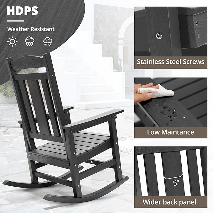 LUE BONA Outdoor Rocking Chairs Set of 2, Weather Resistant HDPS Poly Rocker Chairs, 350lb Heavy Duty, Oversized Porch Rocker for Adult, High Back Smooth Rocking Chairs for Outdoor & Indoor, Gray