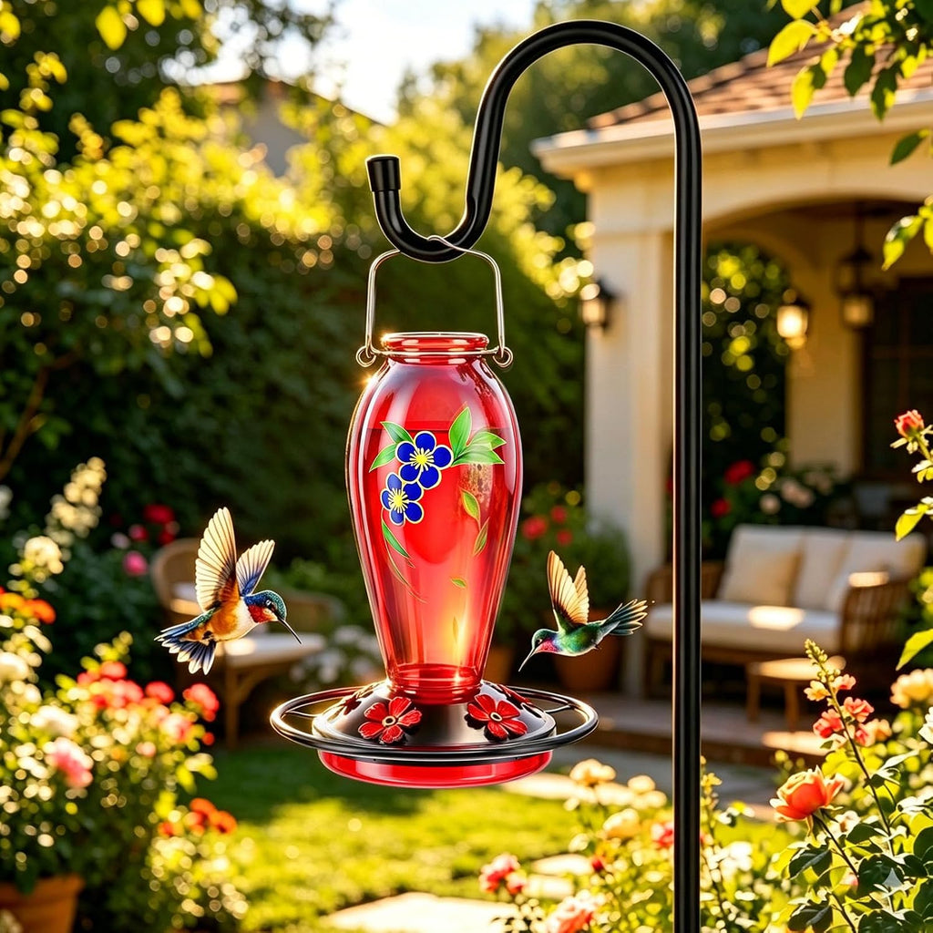 24 OZ Hummingbird Feeder for Outdoors Hanging, | Heavy-Duty Thick Glass With Floral Decals, Leak-Resistant Metal Base, 5 Feeding Ports & Perch