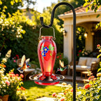 24 OZ Hummingbird Feeder for Outdoors Hanging, | Heavy-Duty Thick Glass With Floral Decals, Leak-Resistant Metal Base, 5 Feeding Ports & Perch