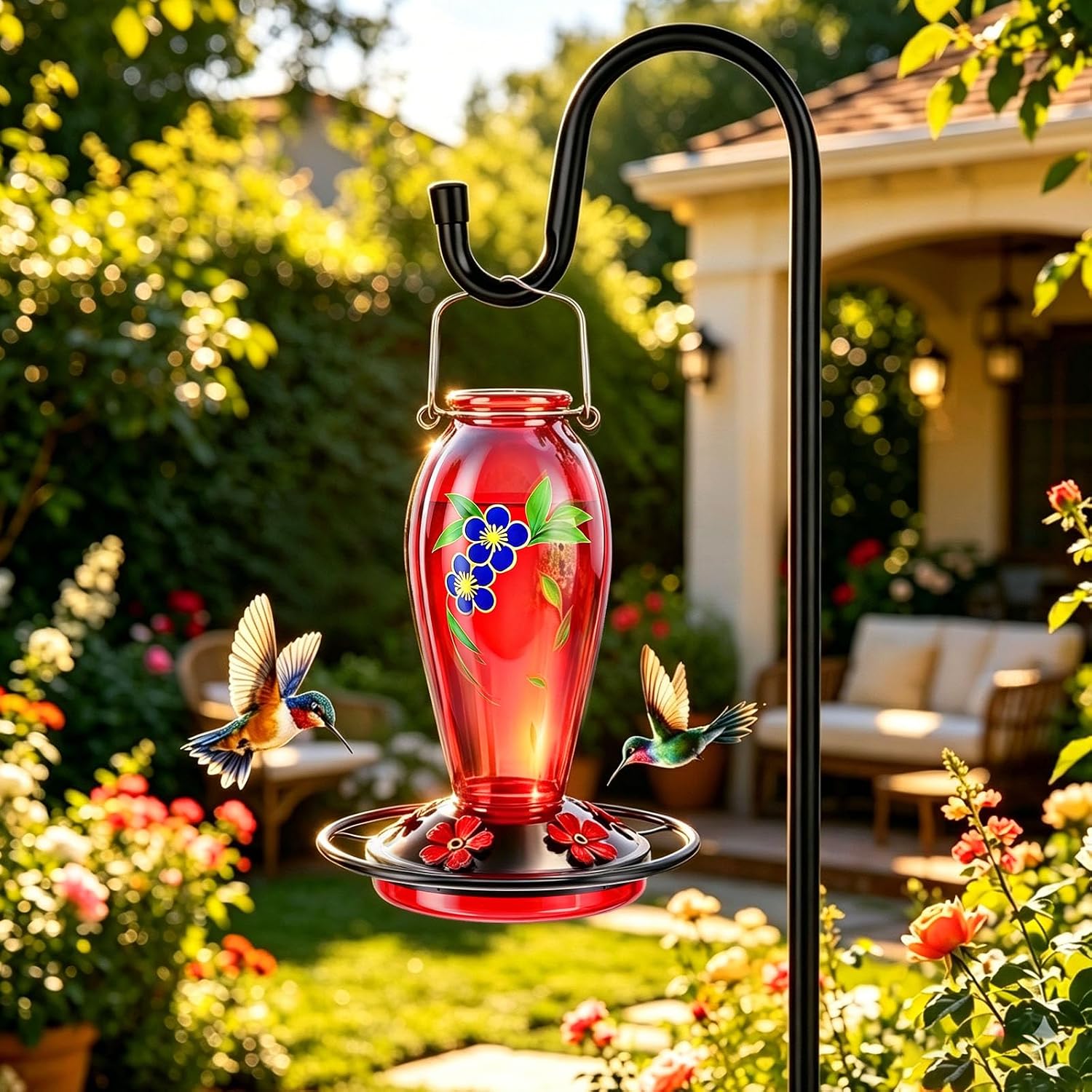 24 OZ Hummingbird Feeder for Outdoors Hanging, | Heavy-Duty Thick Glass With Floral Decals, Leak-Resistant Metal Base, 5 Feeding Ports & Perch