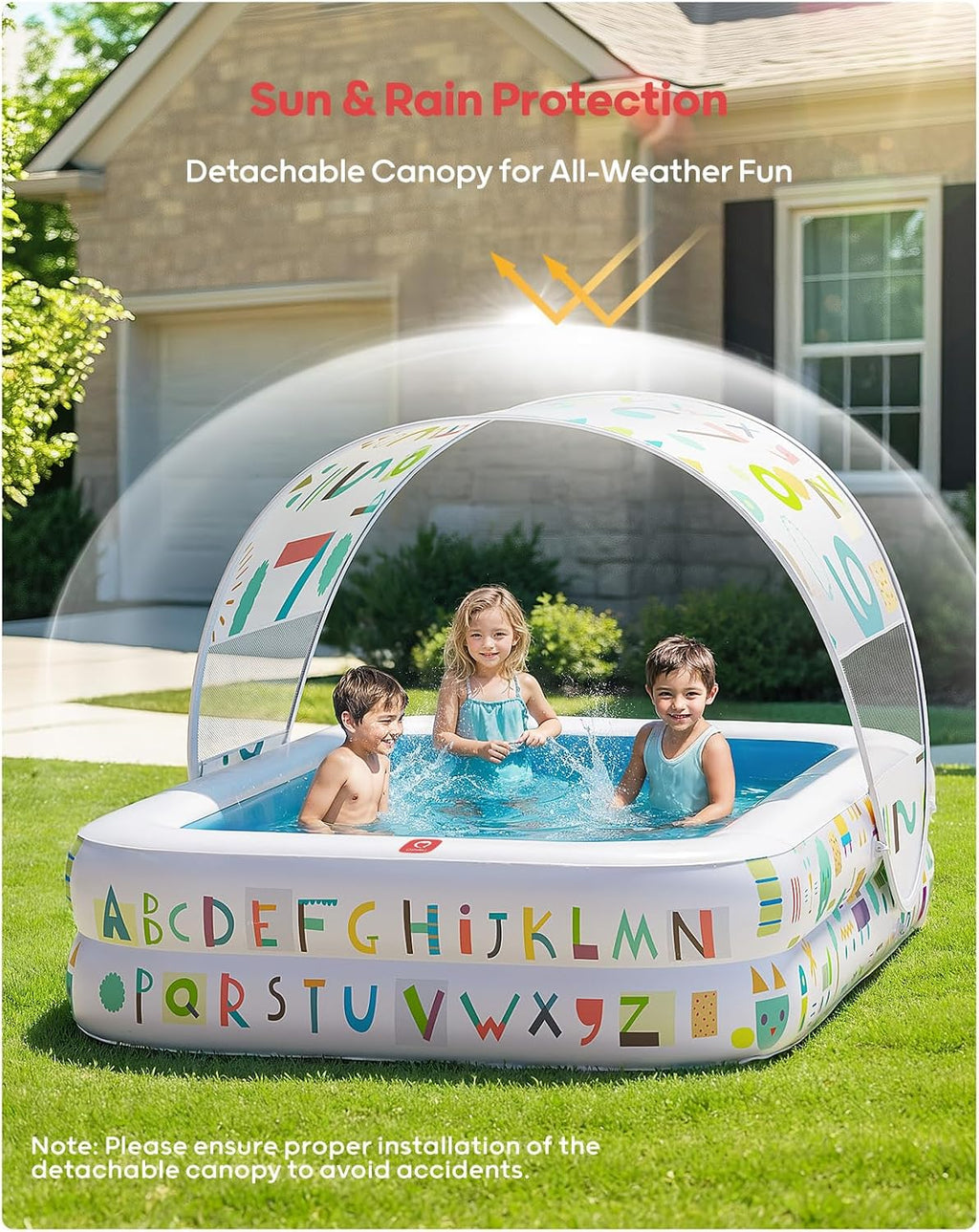QPAU Baby Pool with Canopy, Inflatable Design, 65 x 39 in, Blue | Inflatable Design with Soft Cushioned Floor, Converts to a Ball Pit for Kids and Toddlers, for Indoor and Backyard Play