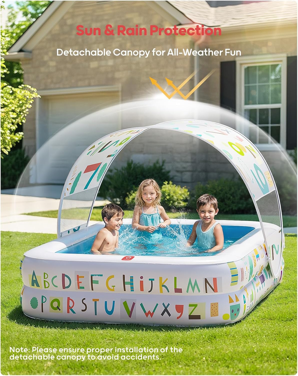 QPAU Baby Pool with Canopy, Inflatable Design, 65 x 39 in, Blue | Inflatable Design with Soft Cushioned Floor, Converts to a Ball Pit for Kids and Toddlers, for Indoor and Backyard Play