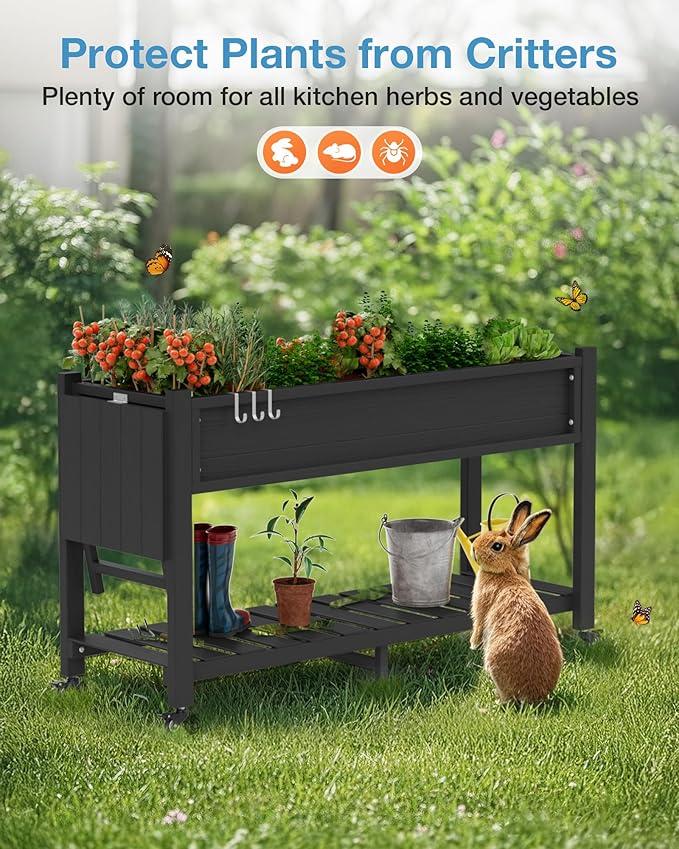 YEFU Raised Garden Bed with Legs: 57x18x30in Elevated Poly Planter with Wheels,Waterproof Mobile Raised Bed Garden, Elevated Planter Box Stand with Storage Shelf,For Deck,Patio,Porch,Yard (Black,2pcs)