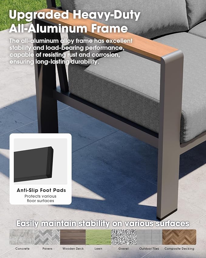 Aluminum Outdoor Patio Furniture Set 8 Seats, Outdoor Sectional Corner Sofa, Patio Conversation Sets with Coffee Table & Washable Thick Cushions, Outdoor Furniture for Backyard, Porch, Gray