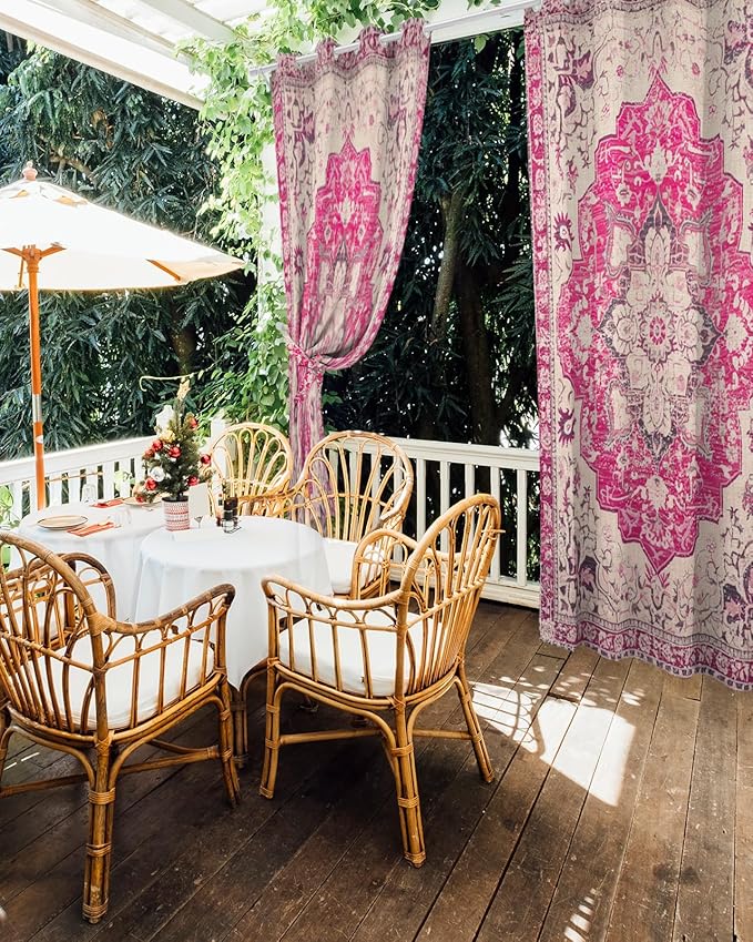 Pink Bohemian Outdoor Curtains for Patio Waterproof, Grommet Privacy Curtain Drapes Weatherproof Outside Curtains for Porch GazeboPergola Cabana 2 Panel 54x108inch Medallion Floral Geometric Printed